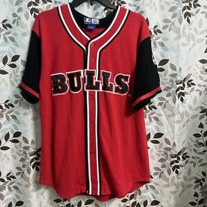 VTG 90's Chicago Bulls Red STARTER LOGO w SPELL OUT Baseball Jersey SZ M